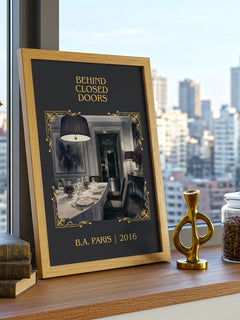 Behind Closed Doors Classic Book Art Print by B.A. Paris – framed print on a city-view windowsill