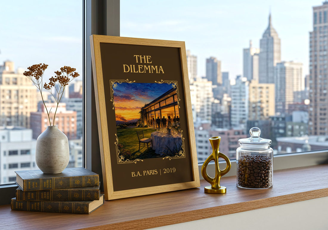 The Dilemma Classic Book Art Print by B.A. Paris – framed print on a city-view windowsill