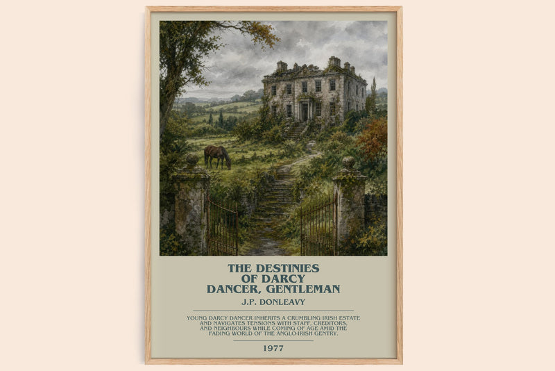 The Destinies Of Darcy Dancer, Gentleman bookish book poster by J.P. Donleavy – framed literary art print