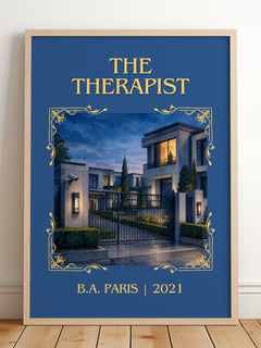 The Therapist Classic Book Art Print by B.A. Paris – framed print leaning on a wooden floor
