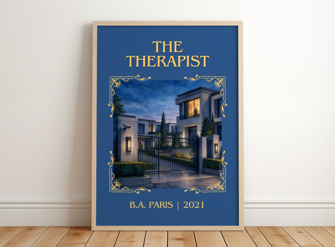 The Therapist Classic Book Art Print by B.A. Paris – framed print leaning on a wooden floor