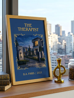 The Therapist Classic Book Art Print by B.A. Paris – framed print on a city-view windowsill