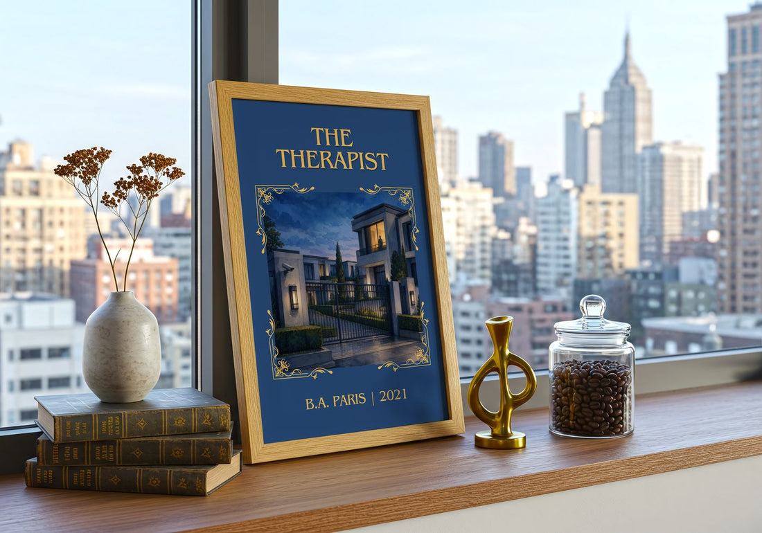 The Therapist Classic Book Art Print by B.A. Paris – framed print on a city-view windowsill
