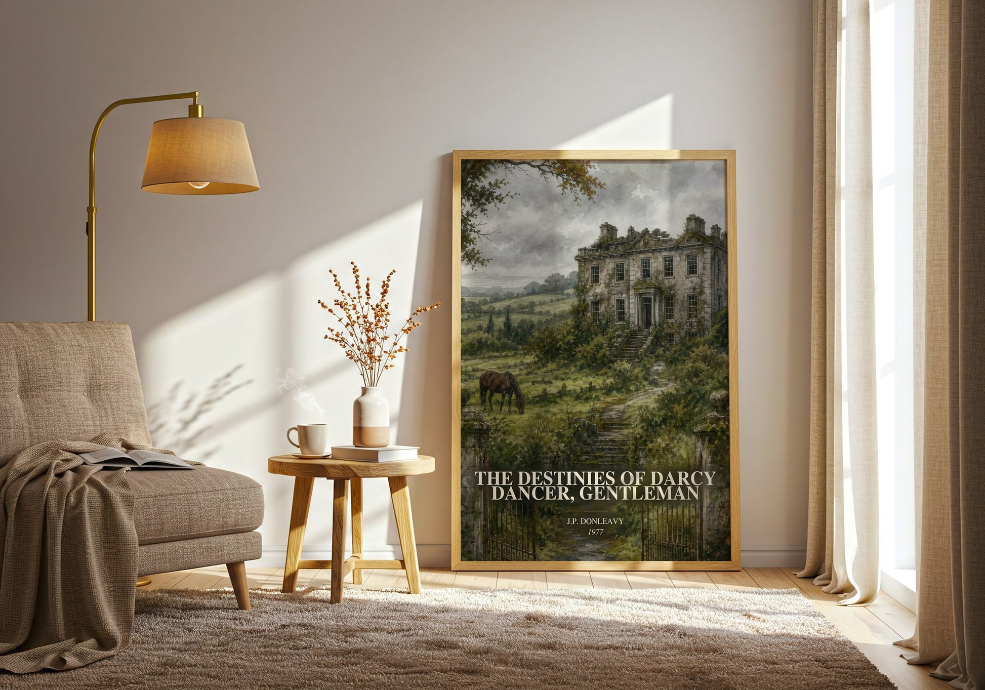 The Destinies Of Darcy Dancer, Gentleman watercolour print in frame leaning in hallway – literary fiction wall art