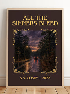 All the Sinners Bleed Classic Book Art Print by S.A. Cosby – framed print leaning on a wooden floor