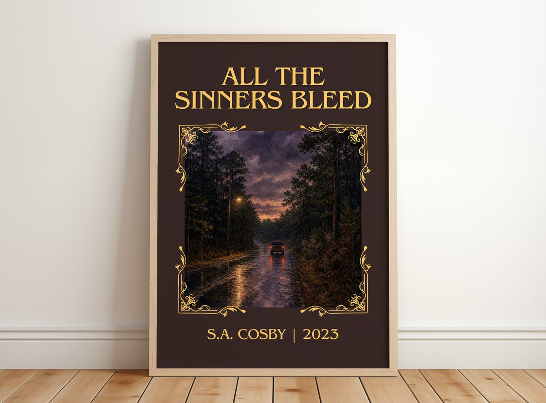 All the Sinners Bleed Classic Book Art Print by S.A. Cosby – framed print leaning on a wooden floor