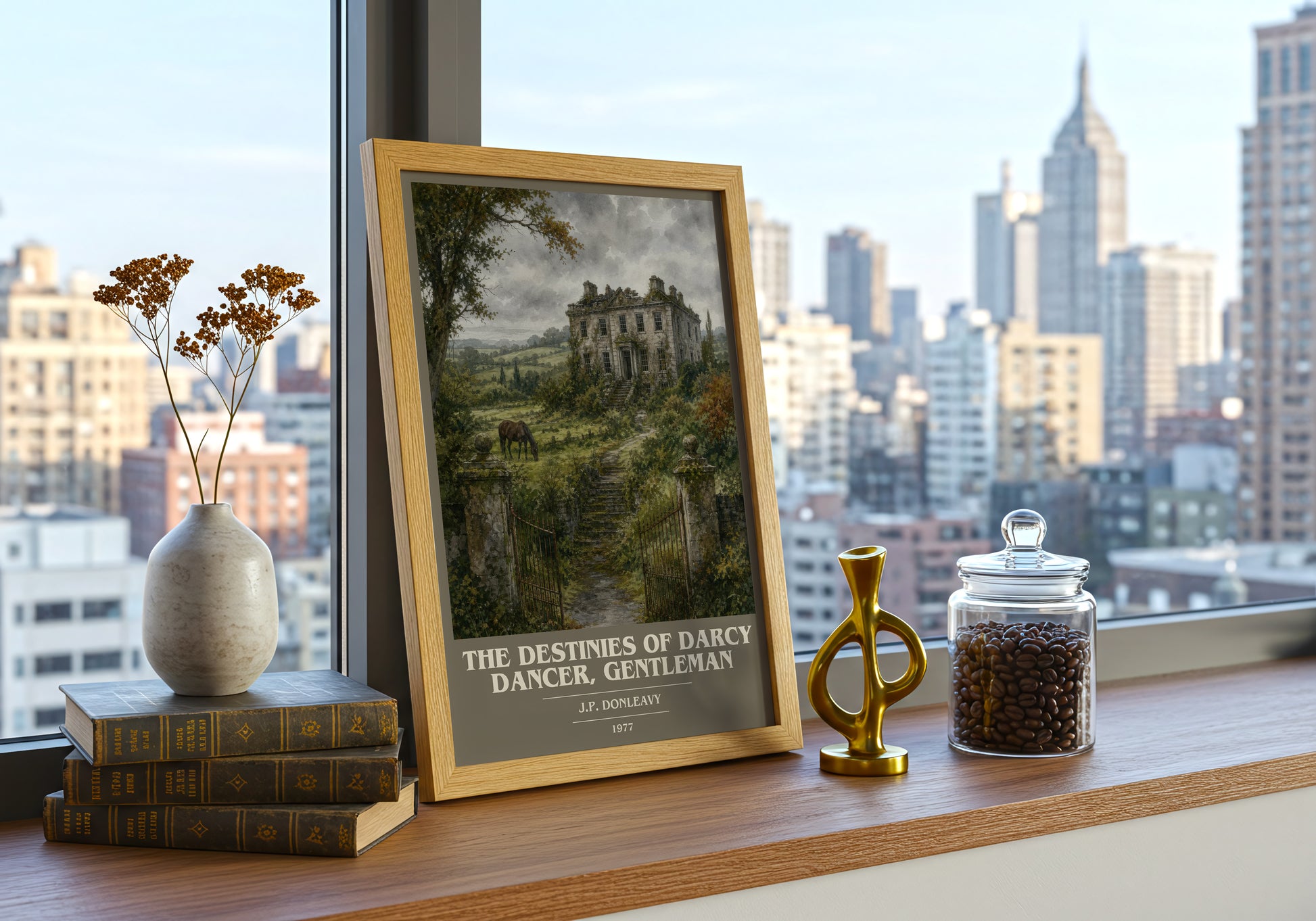 The Destinies Of Darcy Dancer, Gentleman book cover print framed by window – literary home decor