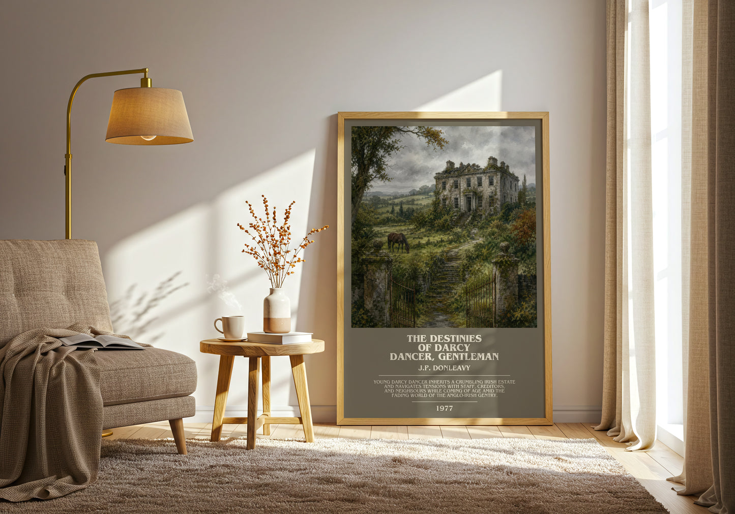 The Destinies Of Darcy Dancer, Gentleman bookish print on bookshelf – J.P. Donleavy fan gift