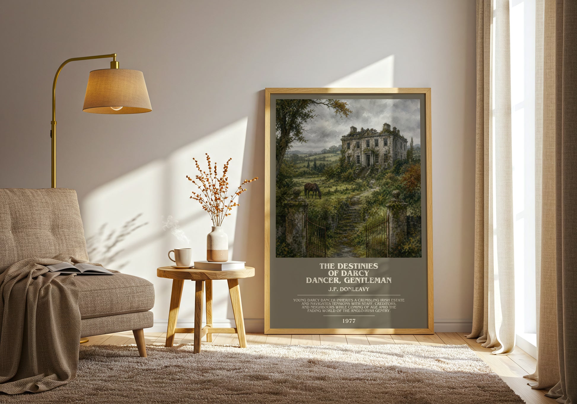 The Destinies Of Darcy Dancer, Gentleman bookish print on bookshelf – J.P. Donleavy fan gift
