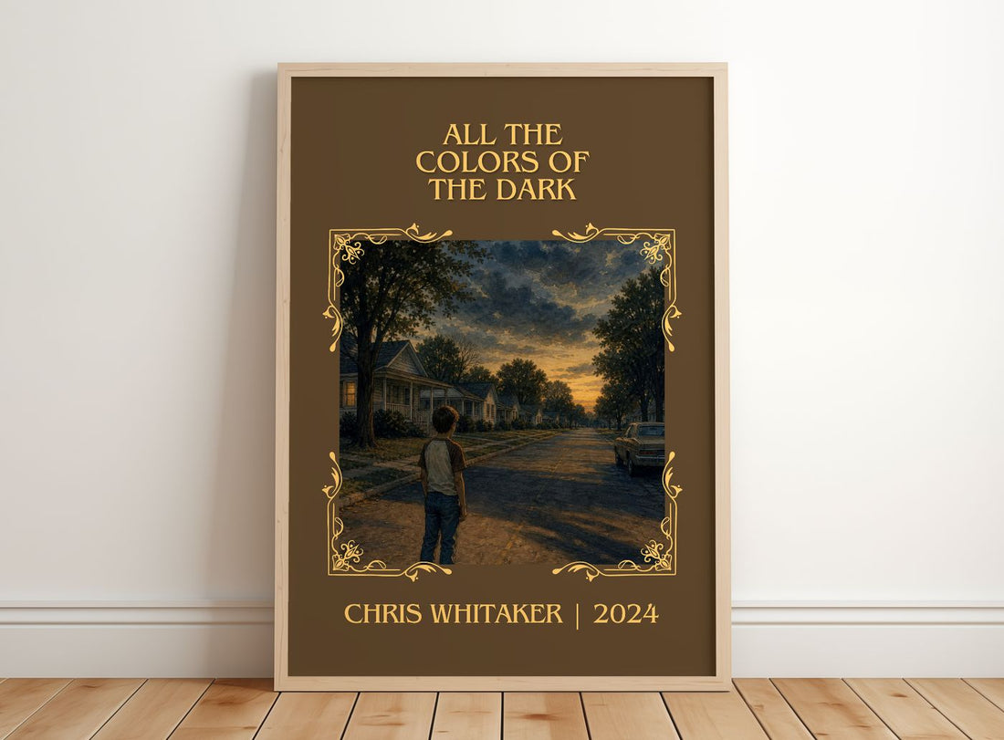 All the Colors of the Dark Classic Book Art Print by Chris Whitaker – framed print leaning on a wooden floor