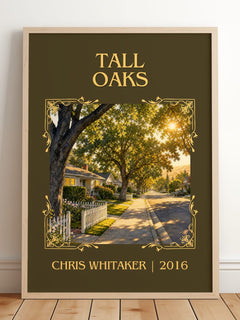 Tall Oaks Classic Book Art Print by Chris Whitaker – framed print leaning on a wooden floor
