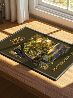 Tall Oaks Classic Book Art Print by Chris Whitaker – print on a sunlit desk