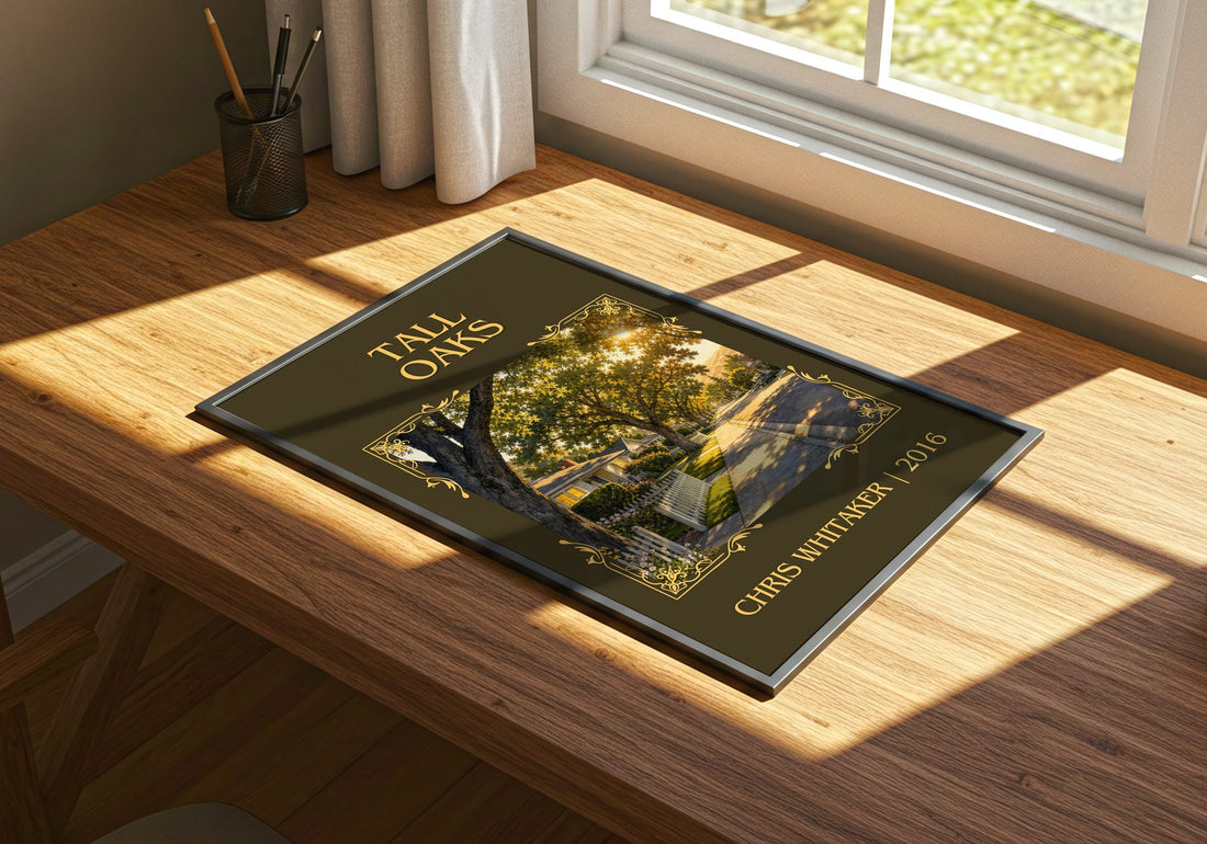 Tall Oaks Classic Book Art Print by Chris Whitaker – print on a sunlit desk