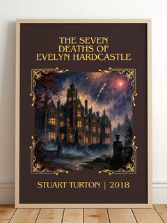 Seven Deaths of Evelyn Hardcastle Classic Book Art Print by S. Turton – framed print leaning on a wooden floor