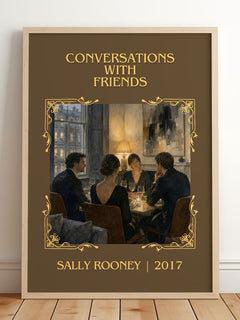 Conversations with Friends Classic Book Art Print by Sally Rooney – framed print leaning on a wooden floor