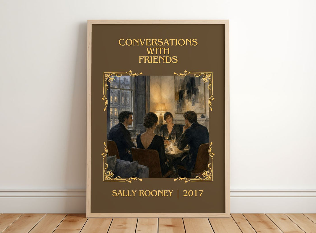 Conversations with Friends Classic Book Art Print by Sally Rooney – framed print leaning on a wooden floor