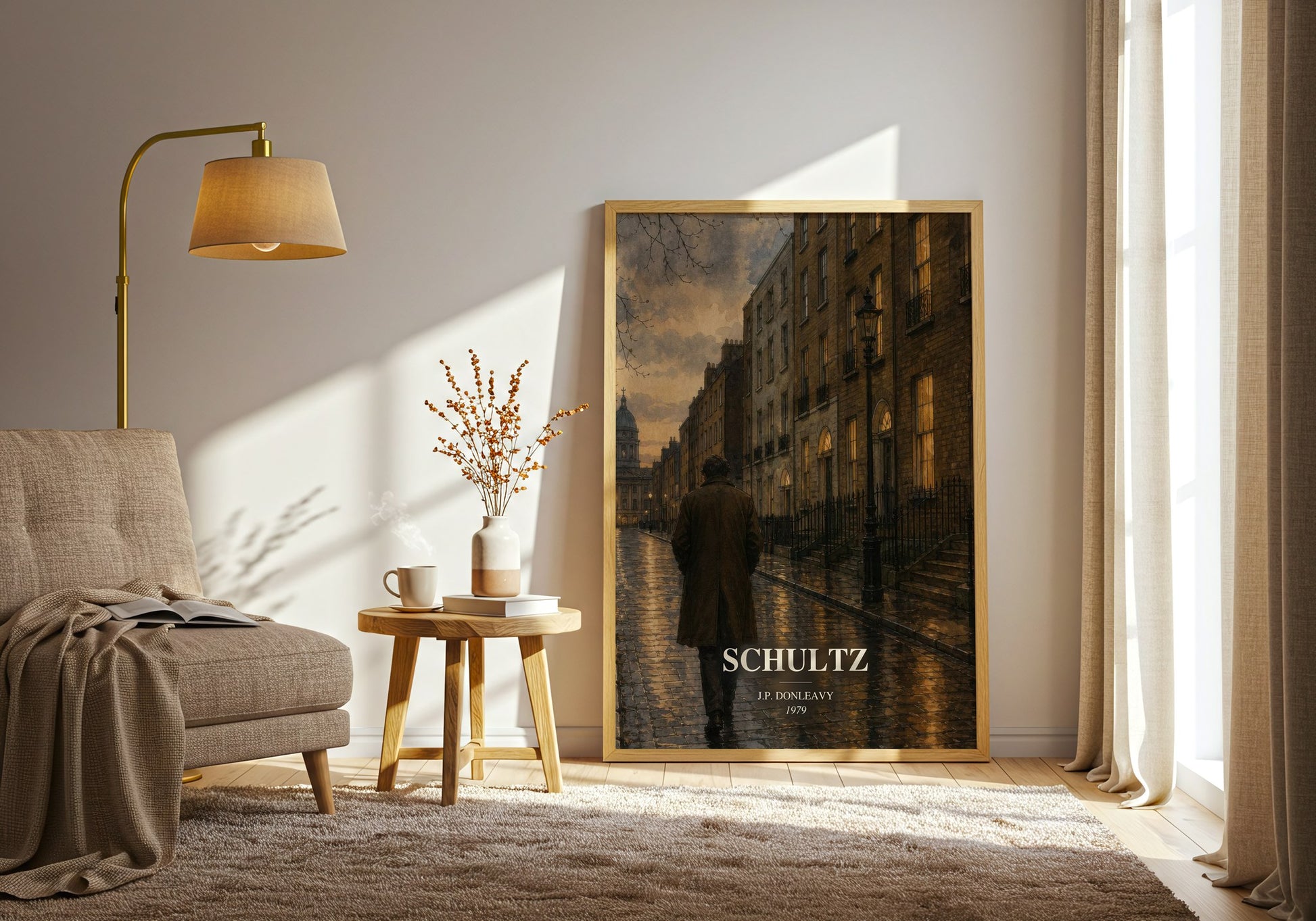 Schultz watercolour print in frame leaning in hallway – satire wall art