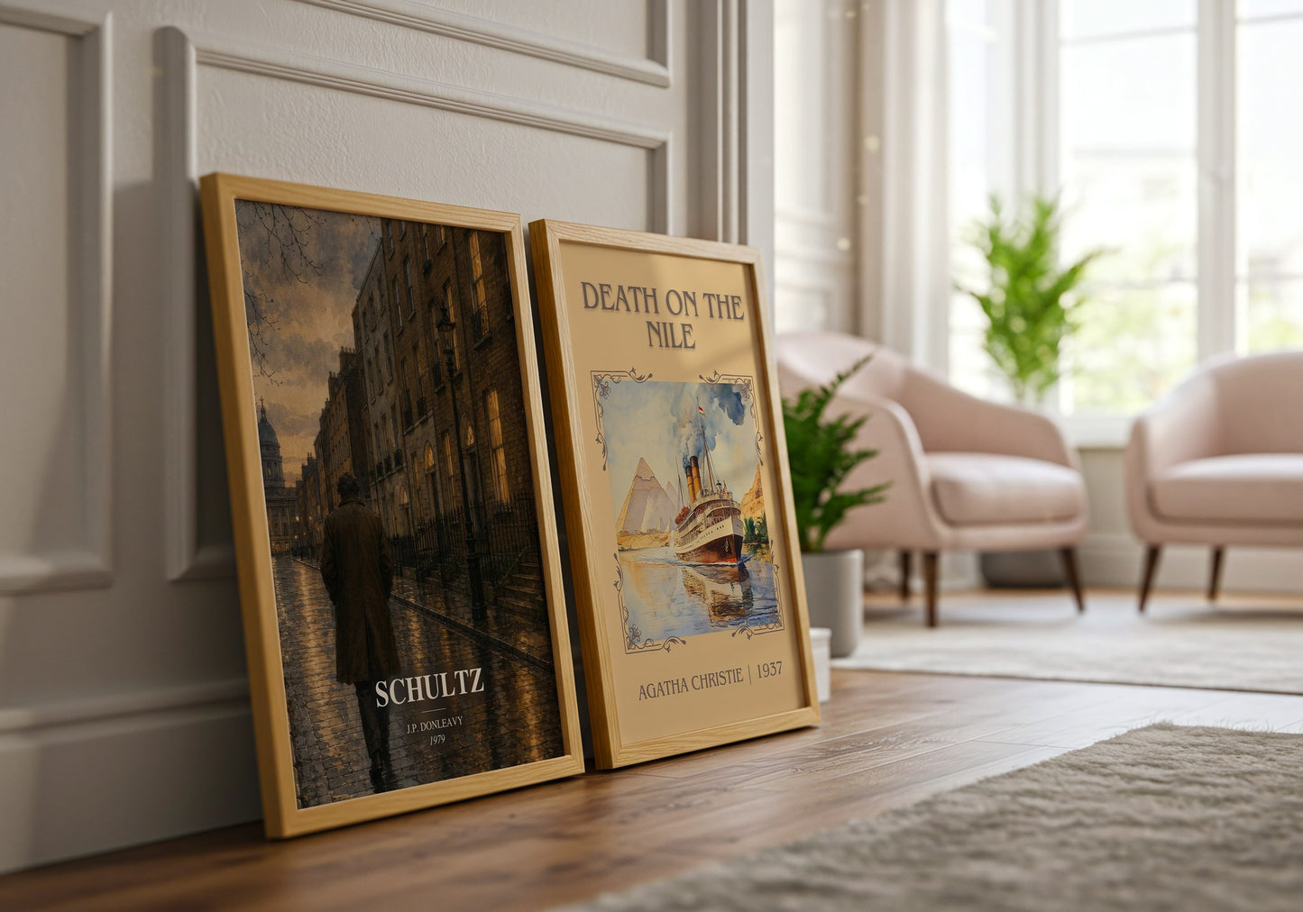 Schultz watercolour print framed by window – literary home decor