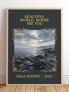 Beautiful World, Where Are You Classic Book Art Print by Sally Rooney – framed print leaning on a wooden floor