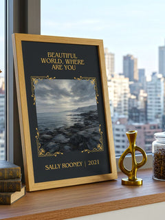Beautiful World, Where Are You Classic Book Art Print by Sally Rooney – framed print on a city-view windowsill