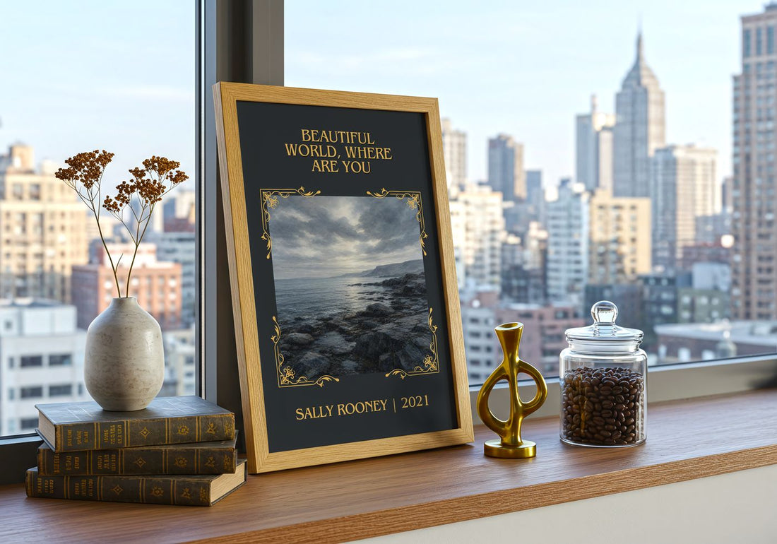 Beautiful World, Where Are You Classic Book Art Print by Sally Rooney – framed print on a city-view windowsill