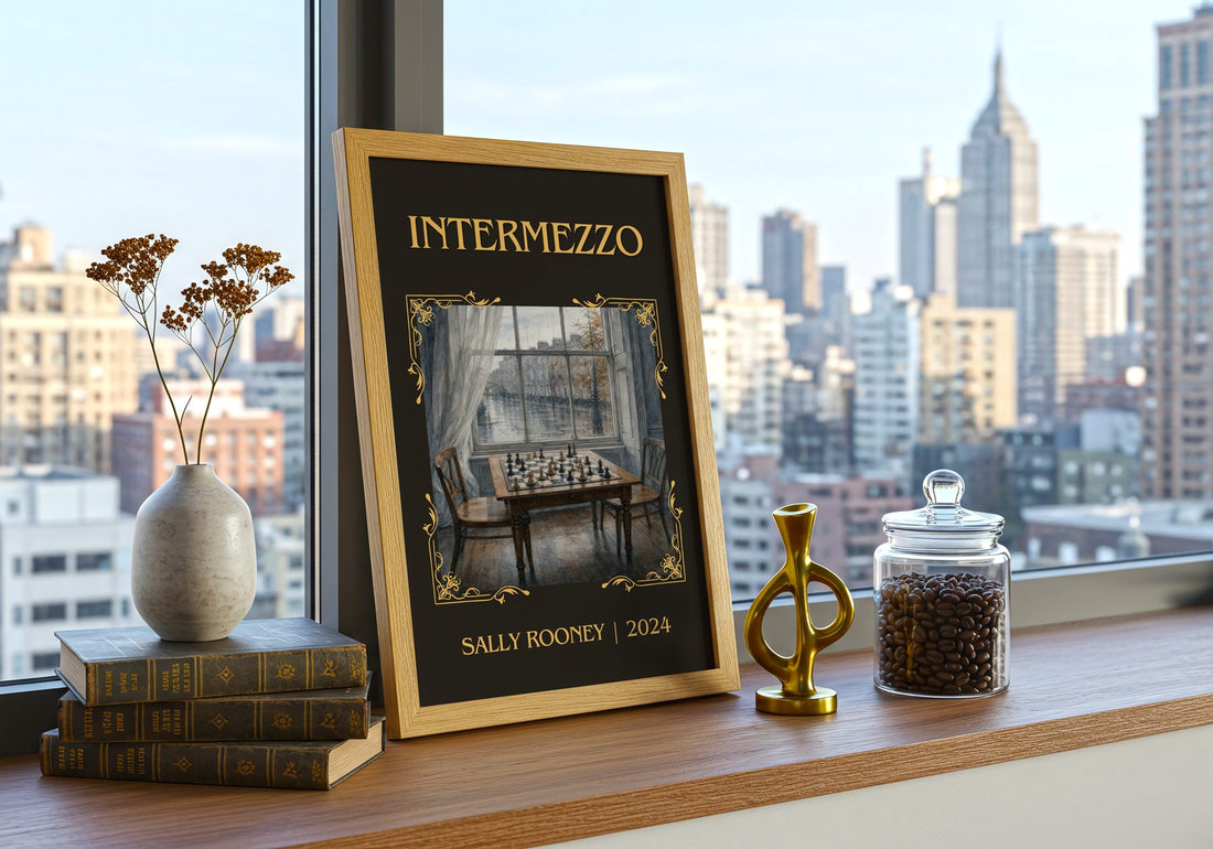 Intermezzo Classic Book Art Print by Sally Rooney – framed print on a city-view windowsill