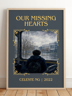 Our Missing Hearts Classic Book Art Print by Celeste Ng – framed print leaning on a wooden floor