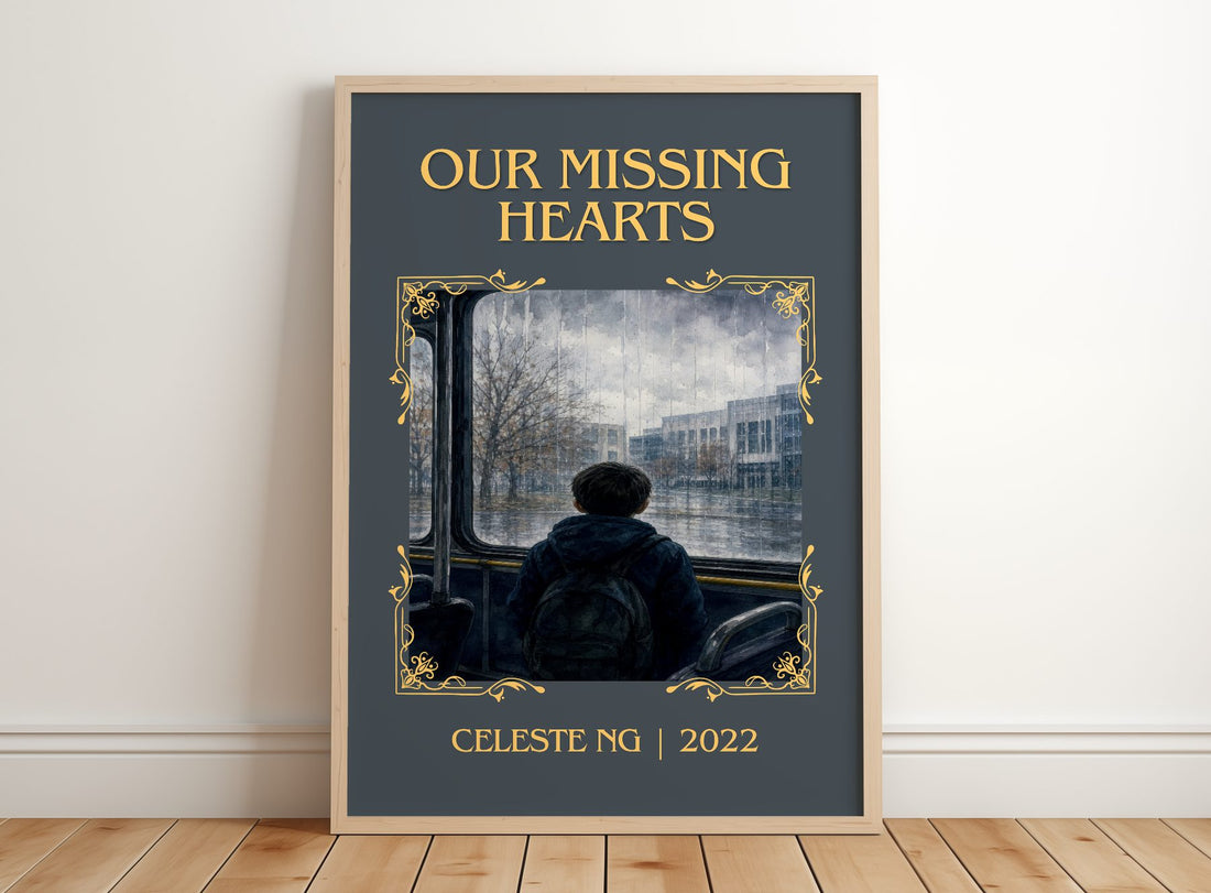 Our Missing Hearts Classic Book Art Print by Celeste Ng – framed print leaning on a wooden floor