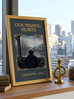 Our Missing Hearts Classic Book Art Print by Celeste Ng – framed print on a city-view windowsill