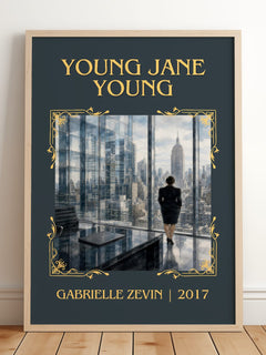 Young Jane Young Classic Book Art Print by Gabrielle Zevin – framed print leaning on a wooden floor