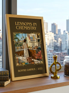 Lessons in Chemistry Classic Book Art Print by Bonnie Garmus – framed print on a city-view windowsill