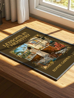 Lessons in Chemistry Classic Book Art Print by Bonnie Garmus – print on a sunlit desk