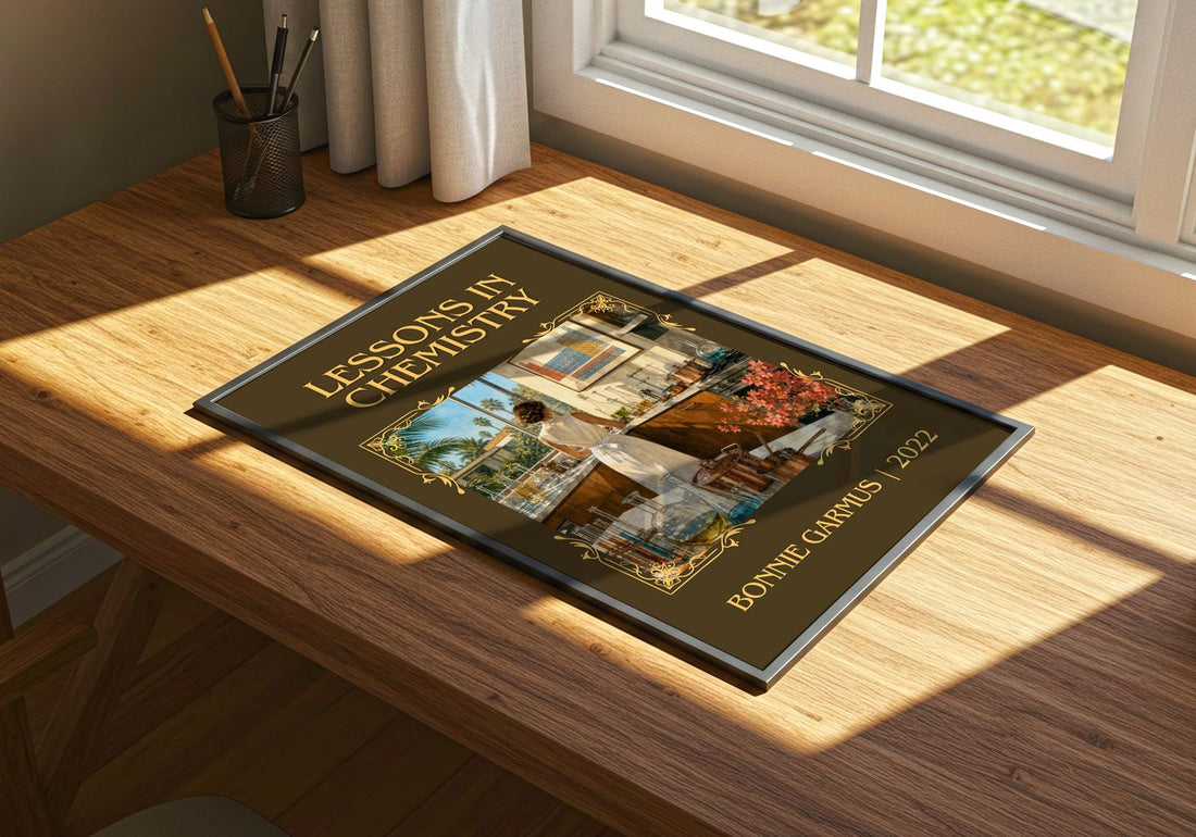 Lessons in Chemistry Classic Book Art Print by Bonnie Garmus – print on a sunlit desk