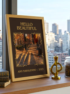 Hello Beautiful Classic Book Art Print by Ann Napolitano – framed print on a city-view windowsill
