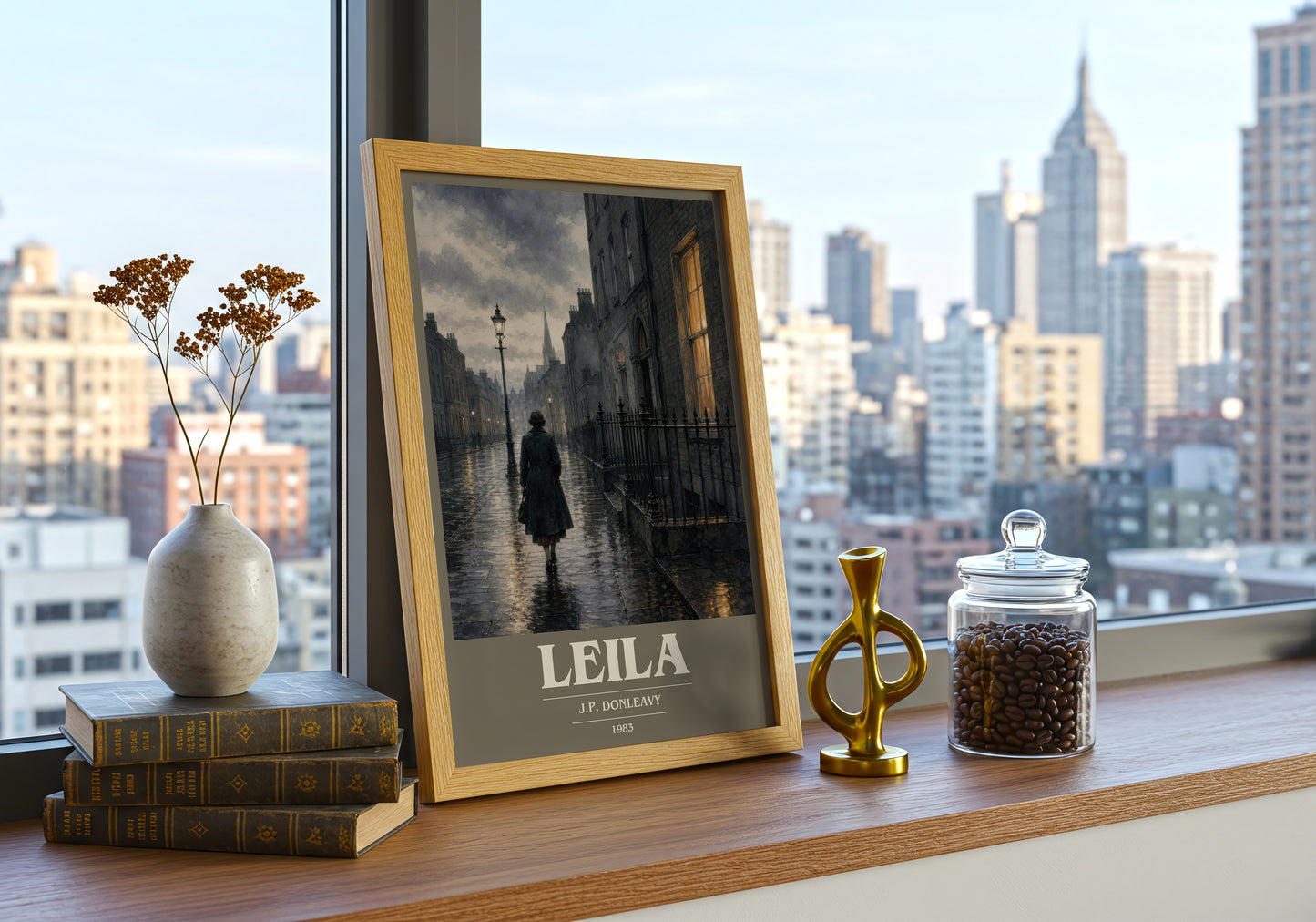 Leila book cover print framed by window – literary home decor