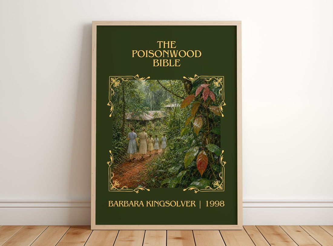 The Poisonwood Bible Classic Book Art Print by Barbara Kingsolver – framed print leaning on a wooden floor