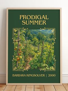 Prodigal Summer Classic Book Art Print by Barbara Kingsolver – framed print leaning on a wooden floor