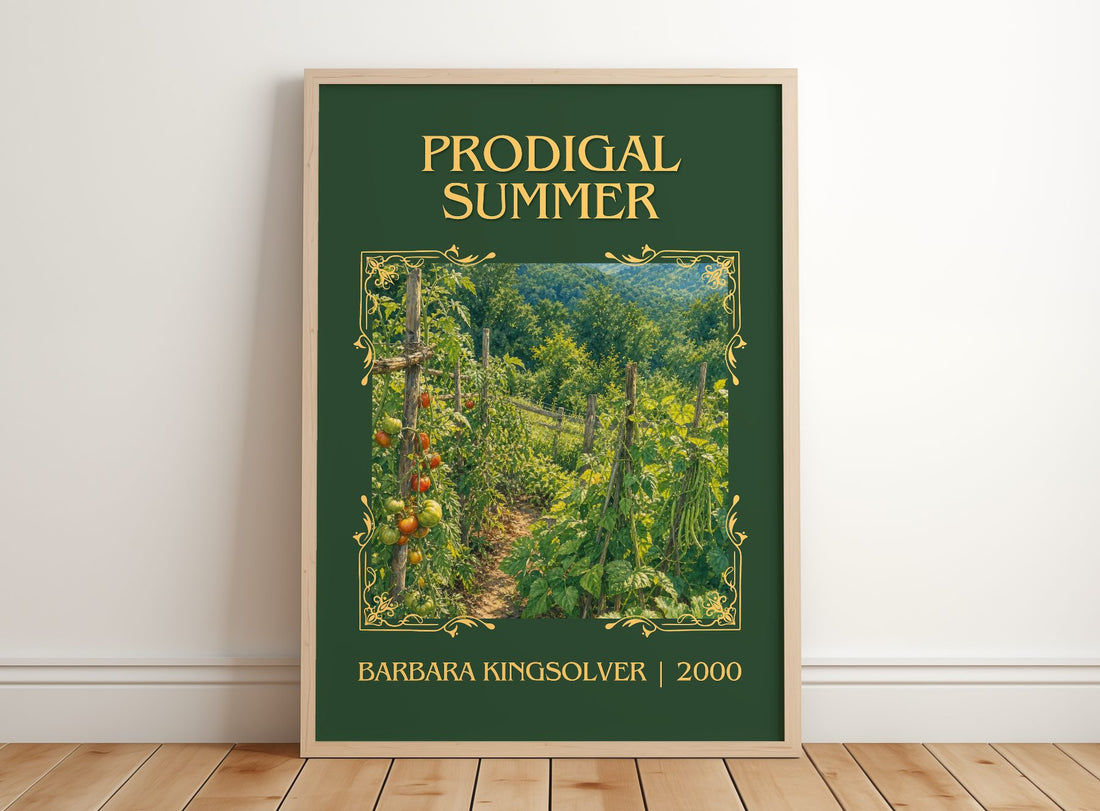 Prodigal Summer Classic Book Art Print by Barbara Kingsolver – framed print leaning on a wooden floor
