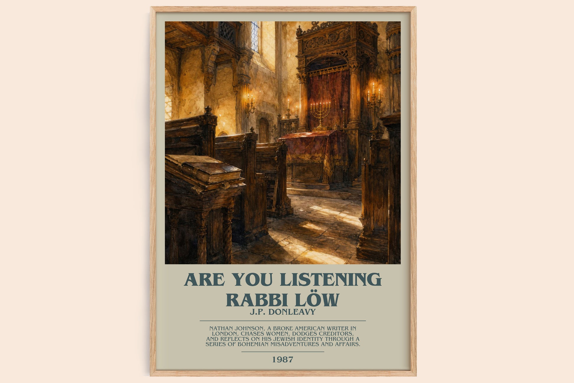 Are You Listening Rabbi Löw bookish book poster by J.P. Donleavy – framed literary art print