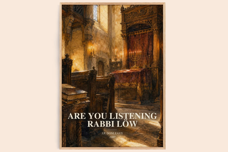 Are You Listening Rabbi Löw watercolour book poster by J.P. Donleavy – framed literary art print