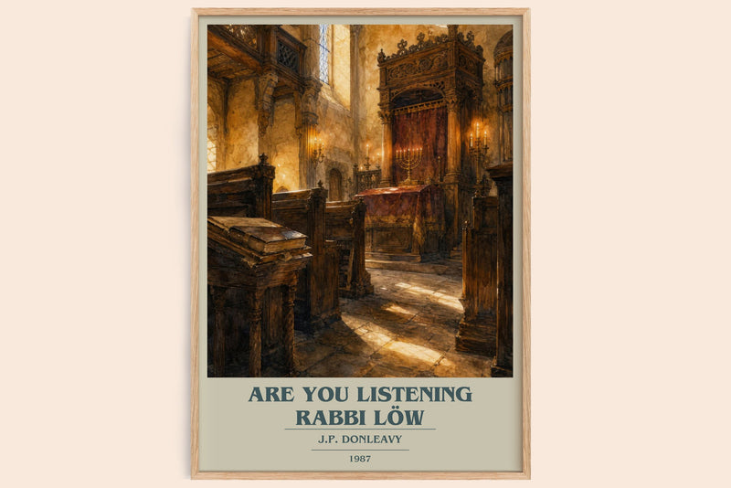 Are You Listening Rabbi Löw book cover book poster by J.P. Donleavy – framed literary art print