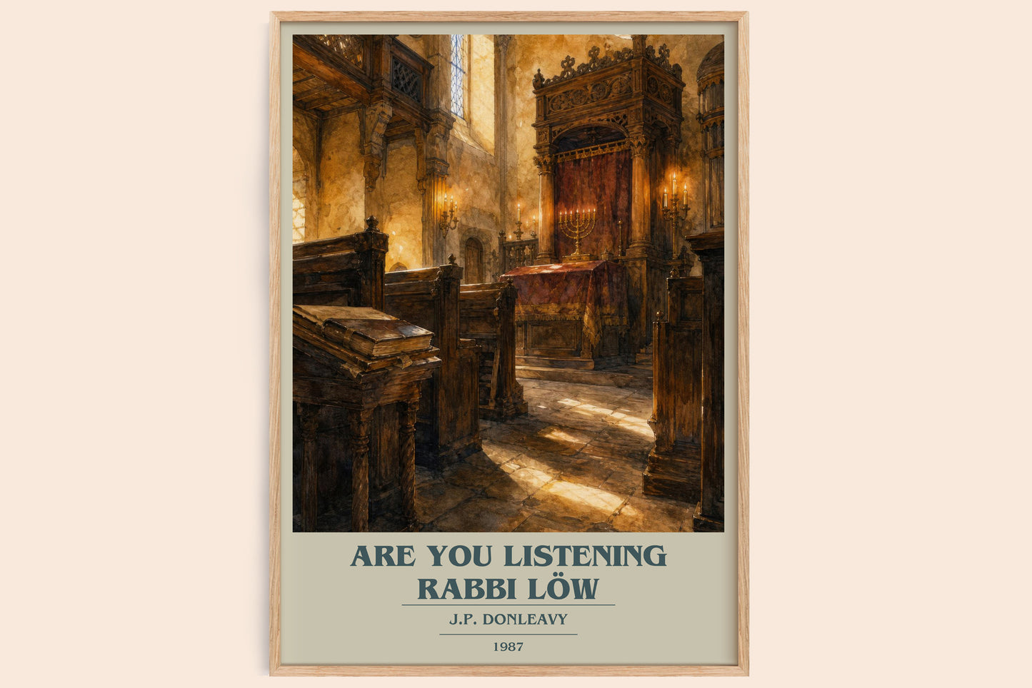 Are You Listening Rabbi Löw book cover book poster by J.P. Donleavy – framed literary art print