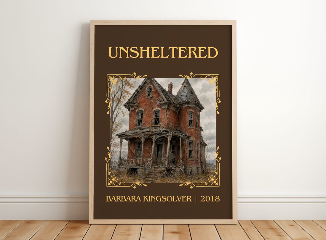 Unsheltered Classic Book Art Print by Barbara Kingsolver – framed print leaning on a wooden floor