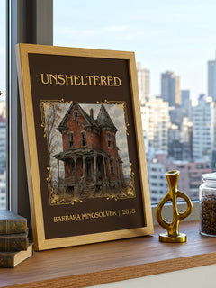 Unsheltered Classic Book Art Print by Barbara Kingsolver – framed print on a city-view windowsill