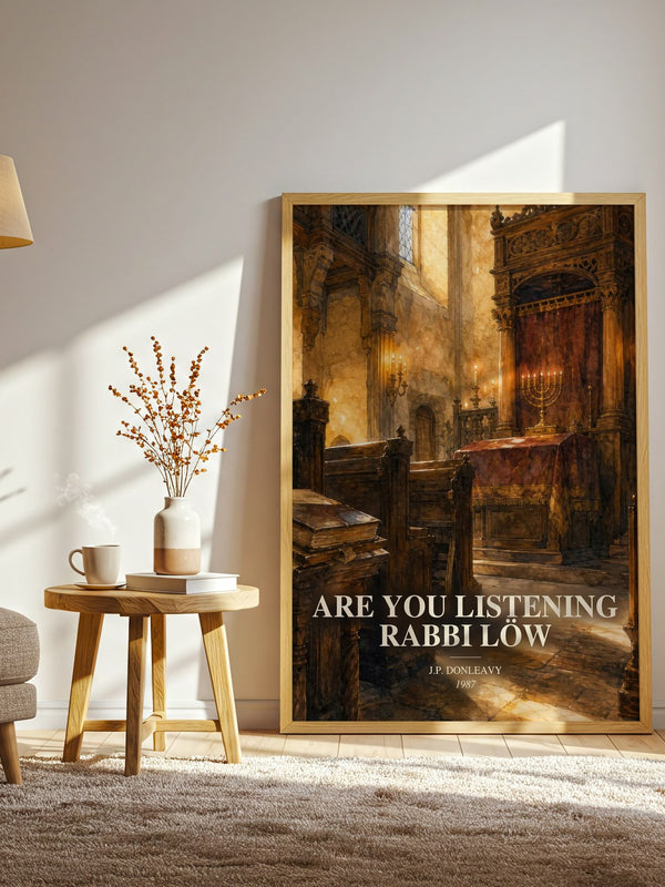 Are You Listening Rabbi Löw watercolour print in frame leaning in hallway – literary fiction wall art