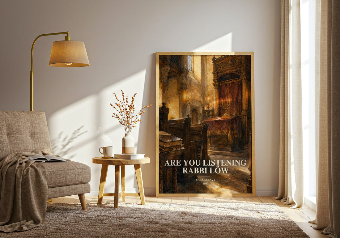 Are You Listening Rabbi Löw watercolour print in frame leaning in hallway – literary fiction wall art (mockup)