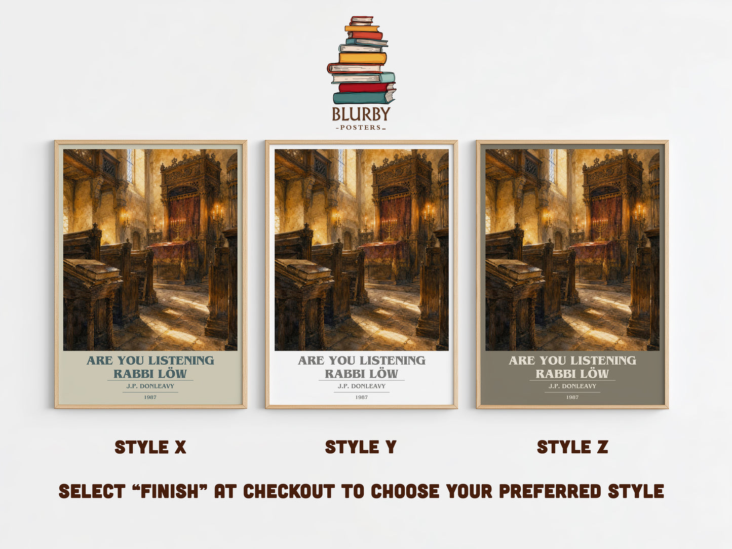 Are You Listening Rabbi Löw book cover print in frame leaning in hallway – literary fiction wall art