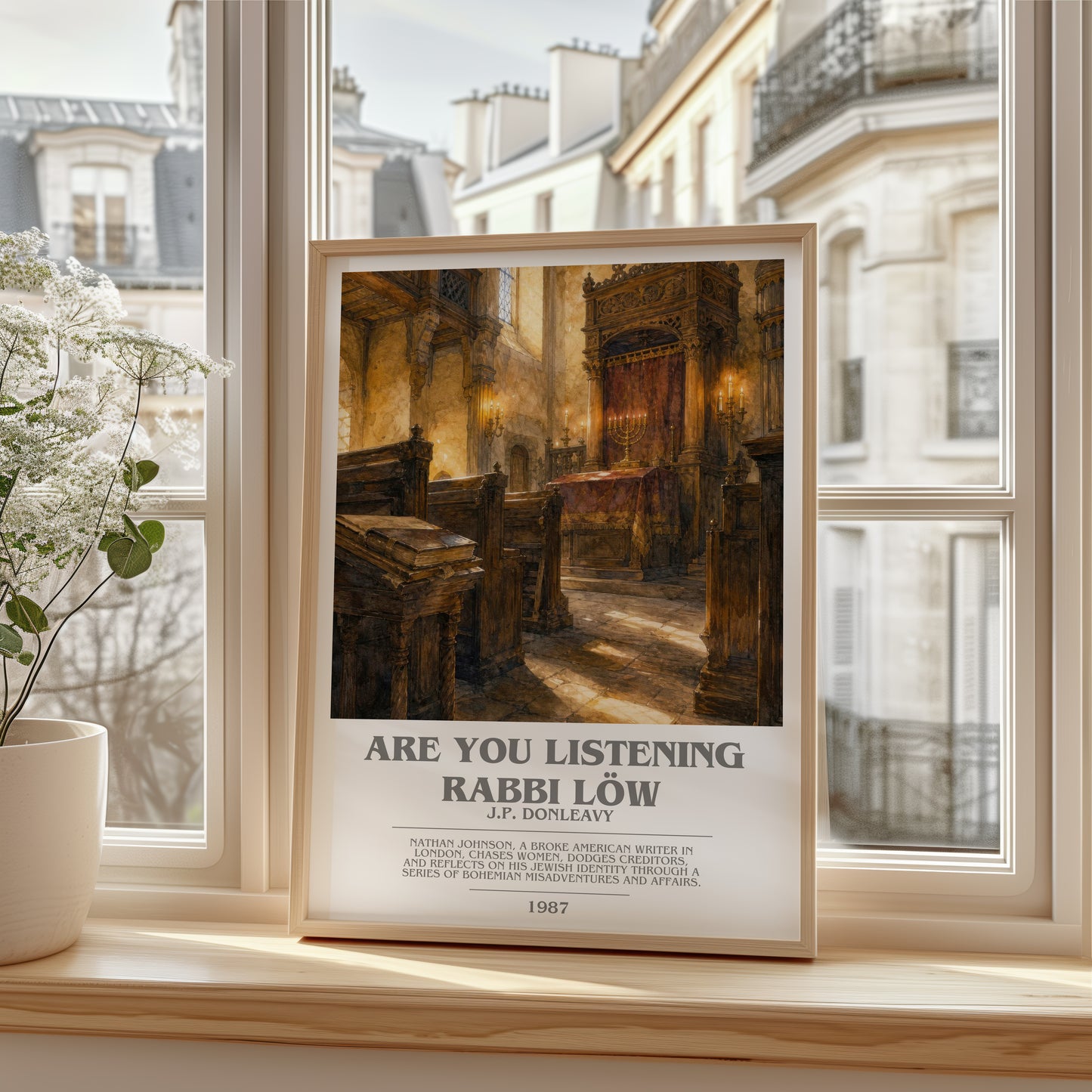 Are You Listening Rabbi Löw bookish poster colour and style options – J.P. Donleavy book art