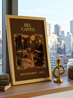 Bel Canto Classic Book Art Print by Ann Patchett – framed print on a city-view windowsill
