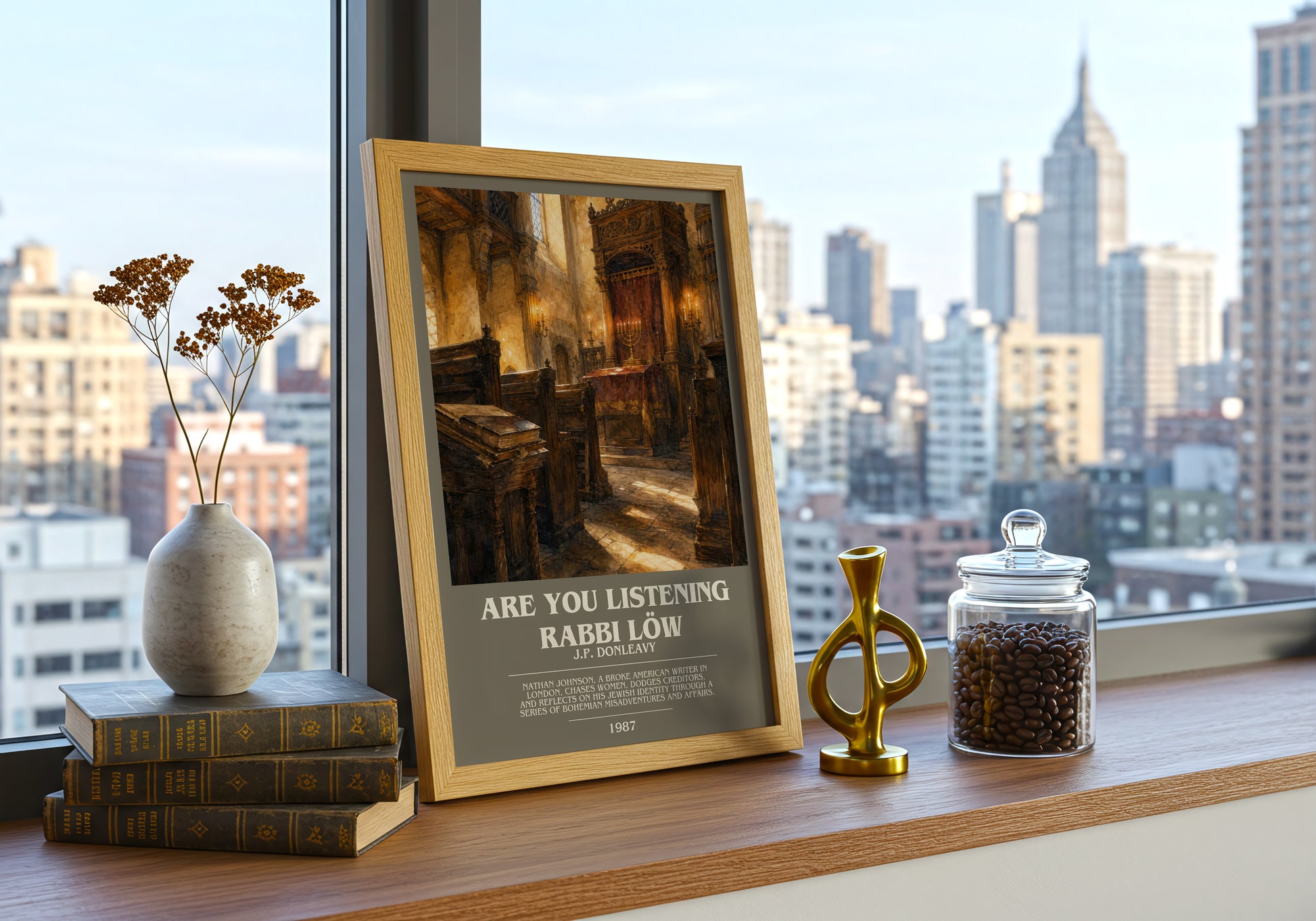 Are You Listening Rabbi Löw bookish print framed by window – literary home decor